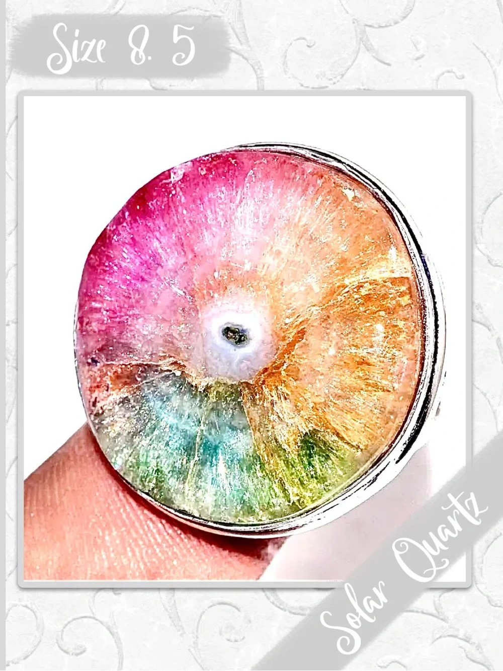 Rainbow Solar Quartz Silver Artisan Ring, Blue, Green, Yellow, Red, Magenta Pink